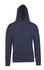 A navy blue men's hoodie featuring a kangaroo pocket and a drawstring hood. It has a logo on it.