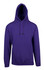 A purple kangaroo pocket hoodie featuring a drawstring hood and a front pocket. It has a branding logo.