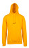 A yellow men's hoodie with a kangaroo pocket and an adjustable drawstring hood, featuring a logo.