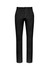 A pair of black chino pants with a straight leg design and a button closure. Features a logo.