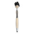 A stylus pen with a playful character on top, featuring a beige body, black hair, and a striped tie design.