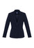 A fitted women's blazer in navy blue with a single button and tailored design. Includes a logo on the inside.