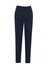 A pair of women's slacks in navy blue, featuring a sleek, tailored design and a logo.