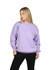 A woman wearing a light purple poly cotton fleece jumper with a relaxed fit. The jumper features a logo.