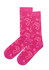 Unisex pink socks featuring a whimsical design of hearts and swirls, with a logo on the cuff.