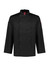 A black long sleeve jacket with a double-breasted front and logo on the sleeve, designed for chefwear uniforms.