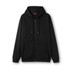 A black men's zip hoodie featuring a front pocket and a hood. The hoodie has a logo.