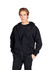 A black zip hoodie with a front pocket, worn by a male model against a plain background.