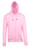A pink zip hoodie with a front pocket and drawstring hood. Features branding on the garment.