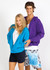 A blue zip hoodie and a purple zip hoodie on models, featuring front pockets and hoods. Both hoodies have branding.