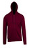 A maroon zip hoodie with a pocket and a hood, featuring a logo on the front.