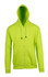 A bright green zip hoodie featuring a front pocket and a hood, complete with drawstrings and a logo.