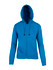 A bright blue zip-up hoodie featuring a hood and front pockets. It has a simple design and a logo.
