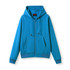 A bright blue zip-up hoodie featuring a hood and front pockets. It has a simple design and a logo.
