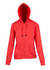 A red women's zipper hoodie with a pocket and a hood, featuring a branding logo.