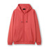 A zip hoodie in coral colour featuring a spacious front pocket and a drawstring hood. Includes branding.