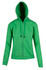 A green women's juniors zipper hoodie with a front pocket and a hood, featuring a logo.