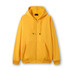 A yellow zip hoodie featuring a front pocket and a hood, with a logo on the label.