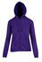 A purple zipper hoodie with a hood and two front pockets. Features a logo on the garment.