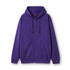 A purple zip hoodie with a pocket, featuring drawstrings and a relaxed fit. It has a logo on the label.