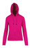 A bright pink zipper hoodie with a hood and pockets, featuring a logo.