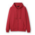 A red men's zip hoodie with a front pocket and a hood, featuring a logo on the tag.