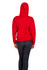 A red women's zipper hoodie with pockets, featuring a drawstring hood, modelled by a woman in fitted jeans.