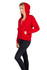 A red women's zipper hoodie with pockets, featuring a drawstring hood, modelled by a woman in fitted jeans.