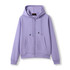 A purple zipper hoodie with a pocket and a drawstring hood, featuring a logo.