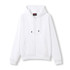 A white women's zip-up hoodie with a hood and front pockets, featuring a logo.