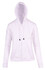 A white women's zip-up hoodie with a hood and front pockets, featuring a logo.