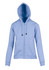 Light blue zipper hoodie featuring a pocket and drawstring hood. It has a simple, casual design and fitted cuffs.