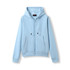 Light blue zipper hoodie featuring a pocket and drawstring hood. It has a simple, casual design and fitted cuffs.