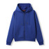 A blue women's zipper hoodie with a pocket and a hood, featuring a drawstring and long sleeves.