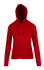 Red zipper hoodie with a front pocket and a hood, featuring a logo on it.