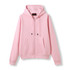 A pink women's juniors zipper hoodie with a front pocket and a drawstring hood. It features a logo.