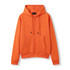 An orange zip-up hoodie with a pocket and a contrasting red hood, featuring a logo on the front.