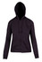 A women's zippered hoodie in black, featuring a front pocket and a hood, with a branded logo.