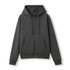 A women's zippered hoodie in black, featuring a front pocket and a hood, with a branded logo.