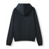 A black women's juniors zipper hoodie with a pocket and a hood, viewed from the back.