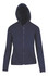 A navy women's junior zipper hoodie with a pocket and drawstrings on the hood, featuring a logo.