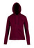 A maroon zippered hoodie featuring a spacious front pocket and drawstring hood, with a logo present.