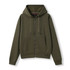 A women's juniors zippered hoodie in olive green, featuring a front pocket and a hood, with a logo.