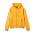 A yellow zippered hoodie with a pocket and a hood, featuring a drawstring.