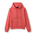 A red zipper hoodie for women and juniors featuring a front pocket and a hood. Includes a logo.