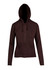 A dark brown women's zippered hoodie featuring a hood and front pocket, with a fitted design.