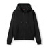 A black women's juniors zip-up hoodie featuring a pocket and a hood, with a branding logo.