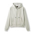 A light grey women's zip-up hoodie with a hood and front pocket, featuring a logo on the sleeve.