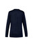 A navy women's button front knit cardigan with long sleeves and a ribbed hem. Features a logo on the back.
