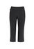 A pair of black 3/4 length stretch pants with a waistband and side pocket, featuring a logo on the waistband.